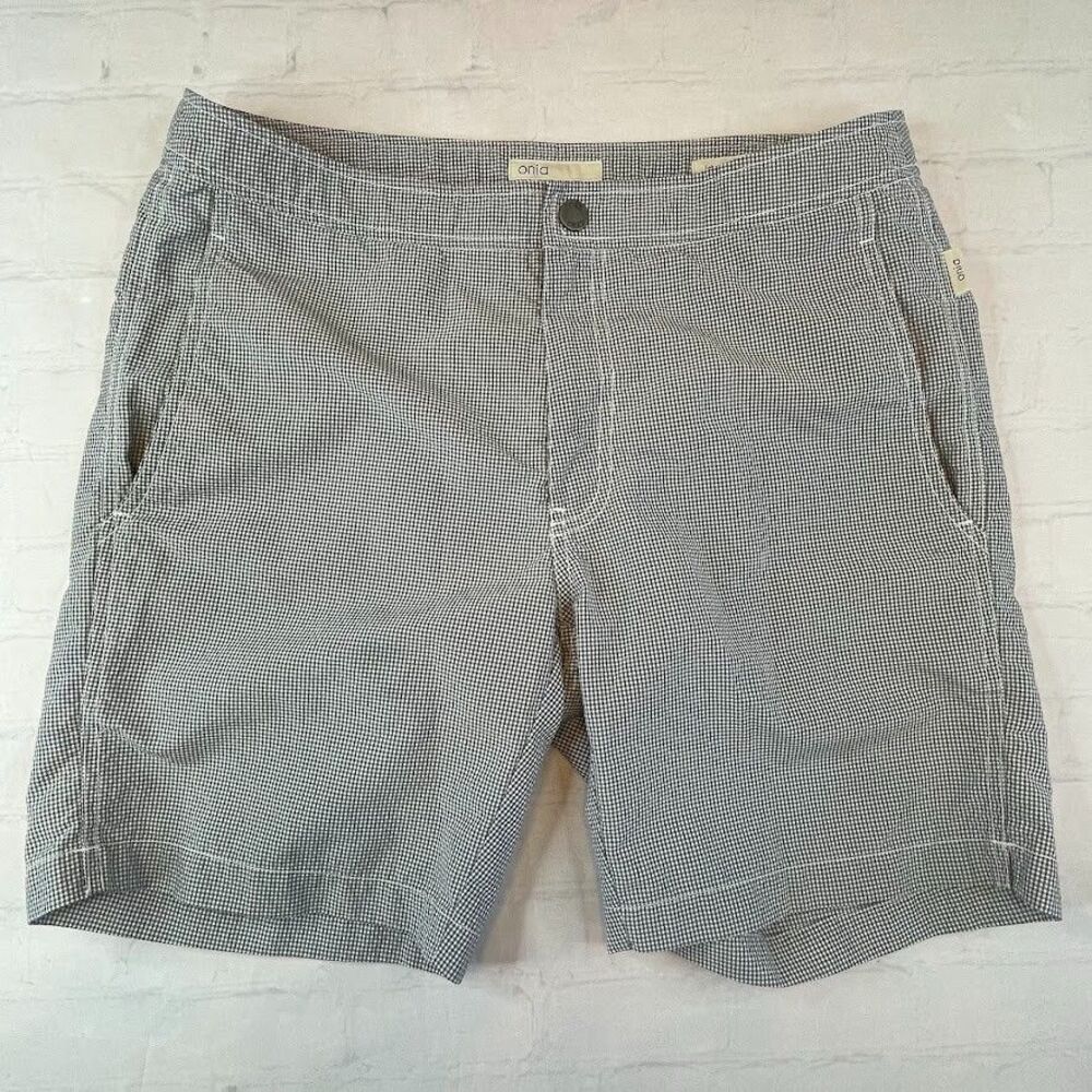 Onia Calder Swim Trunks Mens Size 32 Gray Gingham Seersucker Swim Shorts READ